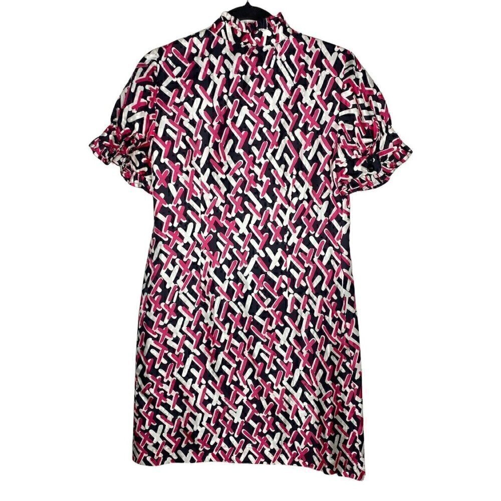 Maggy London Dress Size 12 Geometric Pattern Silk Short Sleeve Ruffle Button - Picture 2 of 3